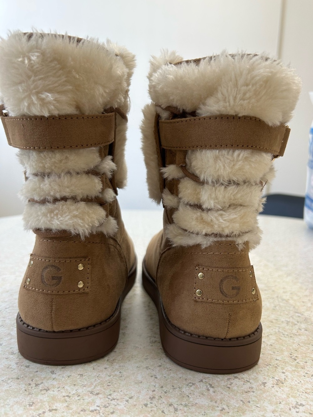 G by Guess Tan Faux-Shearling Strap Winter Boots
